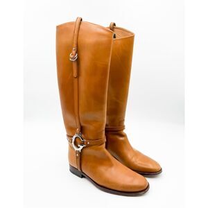 Gucci GG Tall Riding Boots Tan Cognac Leather EU 37.5 US 7.5